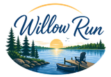 Willow Run logo with sunset over a lake, pine trees, and a dock with chairs