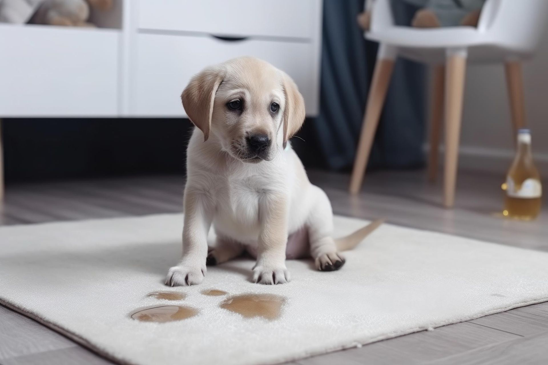 A puppy is sitting on a rug with a stain on it.
