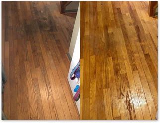A before and after photo of a wooden floor