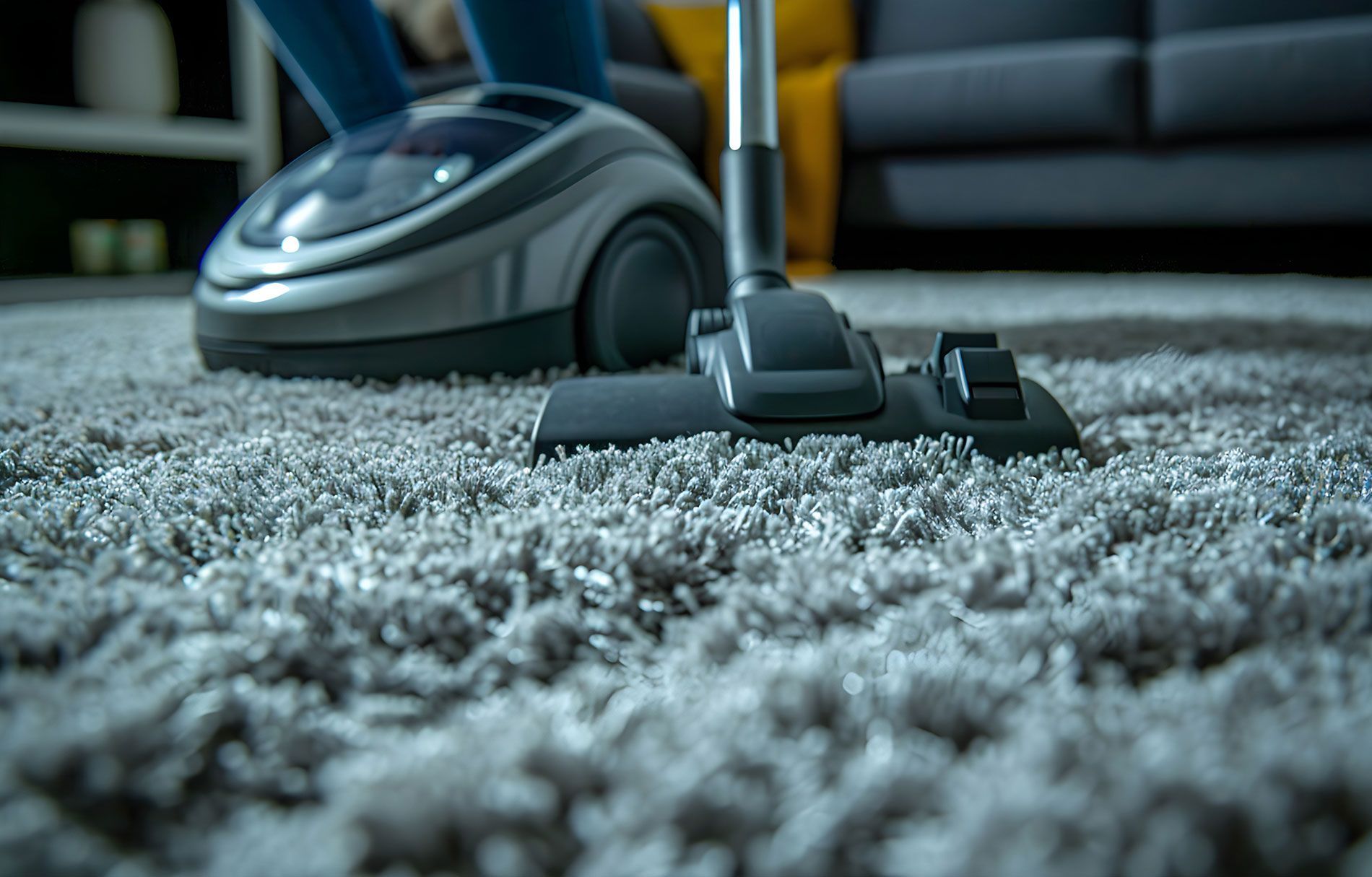 A person is using a vacuum cleaner to clean a carpet.