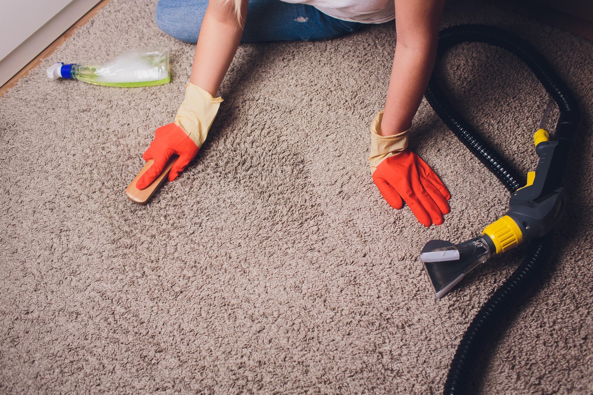 A person is cleaning a carpet with a vacuum cleaner.