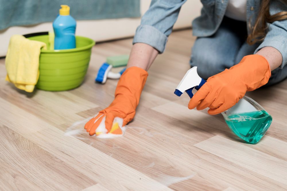 A woman is cleaning the floor with a spray bottle.
