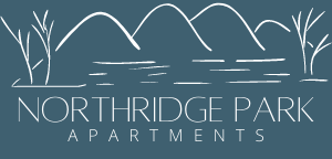 Northridge Park Apartments logo with stylized mountains, trees, and blue background