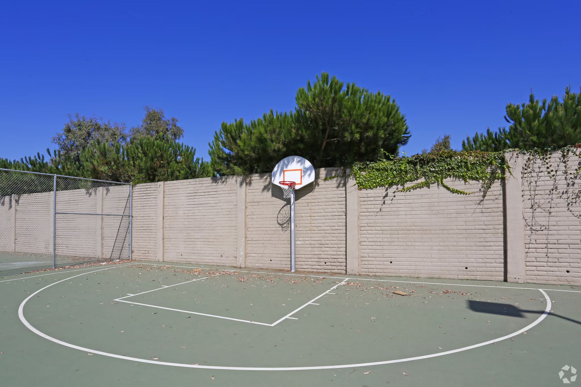 Empty outdoor basketball court with a hoop against a fence under a clear blue sky