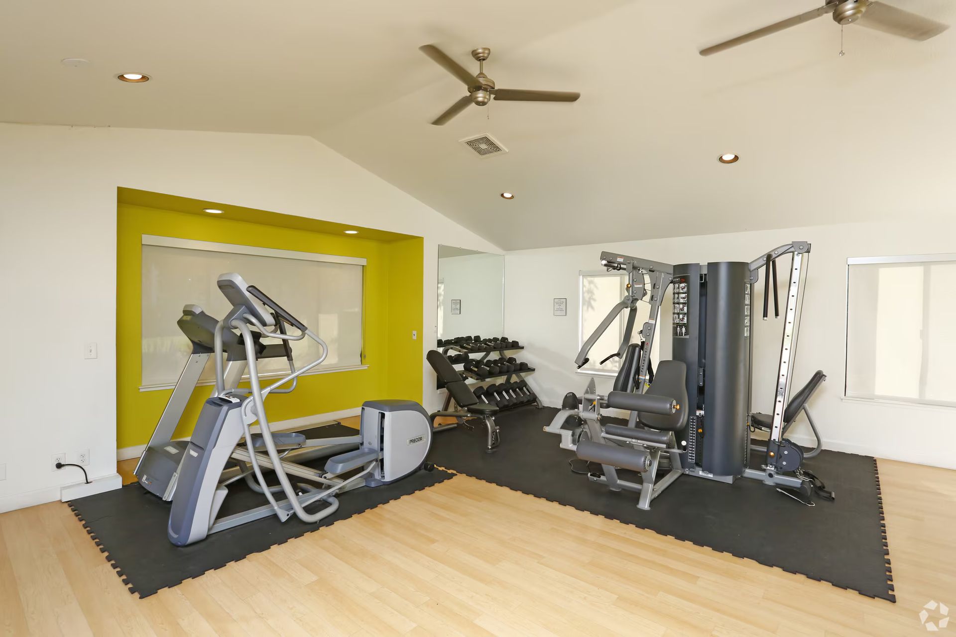 Modern gym room with treadmills, weight machines, mirrors, and black floor mats