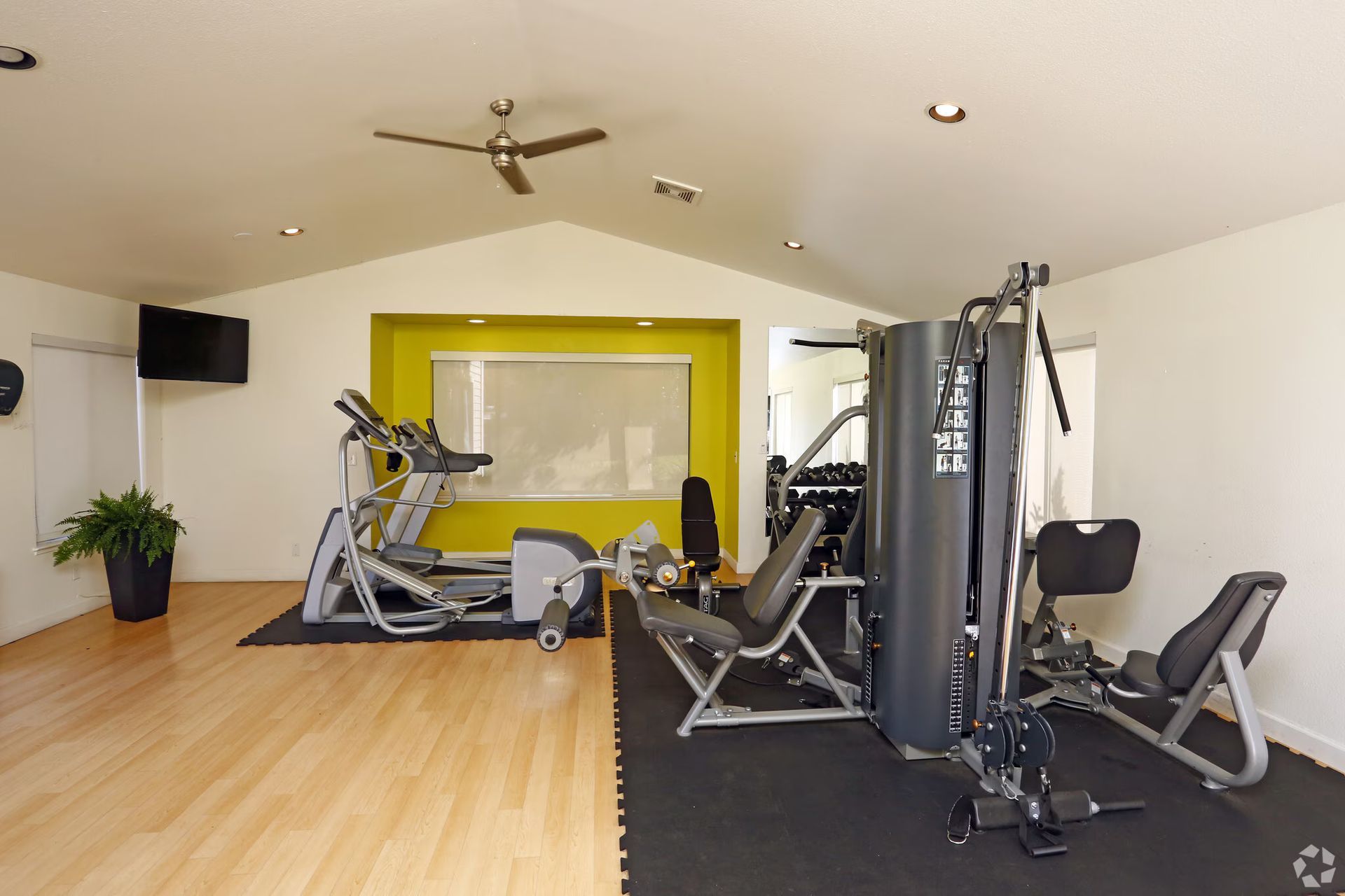 Modern gym room with treadmills, weight machines, black mats, and light wood flooring