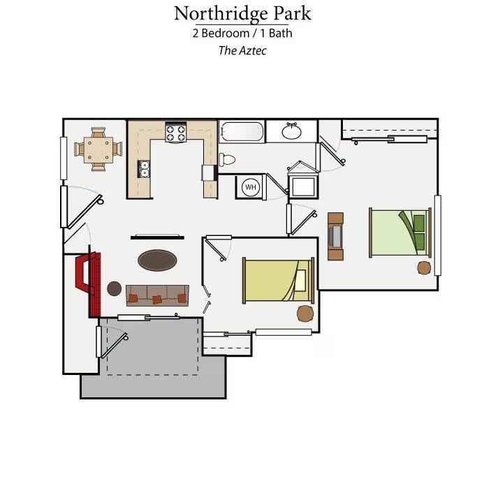 Floor plan of a one-bedroom apartment labeled Northridge Park, with furniture and room layout shown.