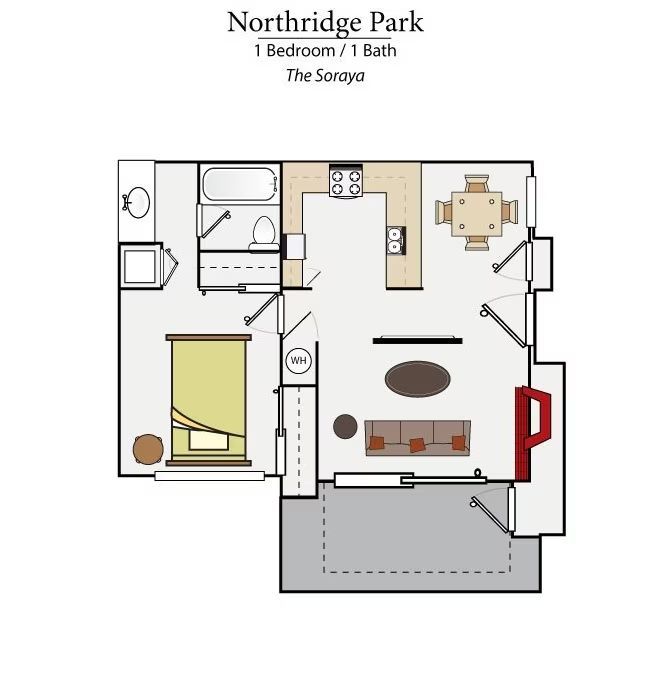 Floor plan of a one-bedroom apartment with kitchen, bath, living room, bedroom, and balcony.