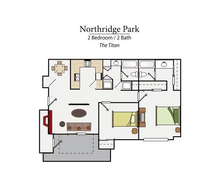 Floor plan of a 2-bedroom, 2-bath apartment at Northridge Park, labeled The Triton.