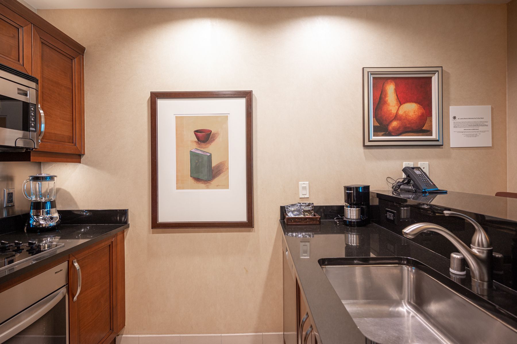 Modern kitchen with sink, coffee maker, wooden cabinets, and framed wall art