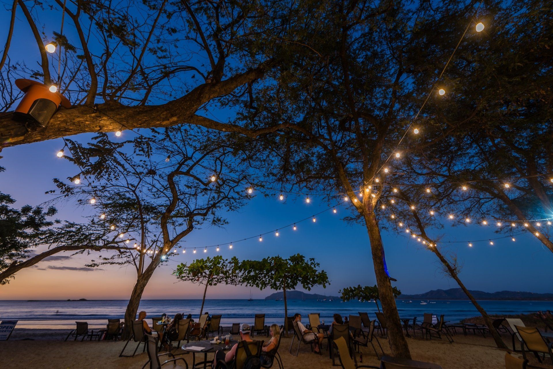 String lights over a beachside patio at dusk with people seated under trees and ocean beyond
