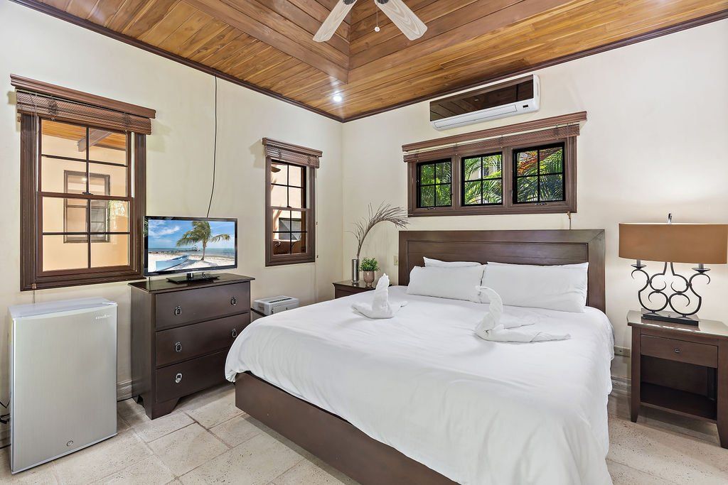 Bright bedroom with a king bed, wooden ceiling, TV, dresser, and two windows.