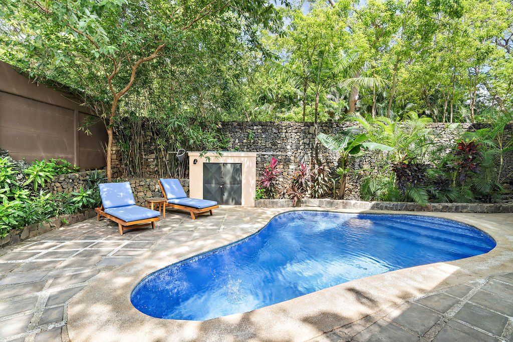Backyard patio with a blue pool, two lounge chairs, and lush greenery around a stone deck