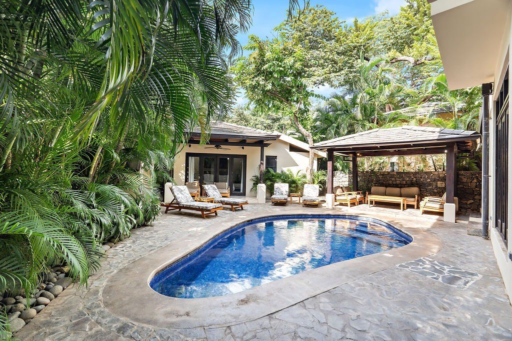 Backyard patio with a small blue pool, lounge chairs, and lush tropical greenery