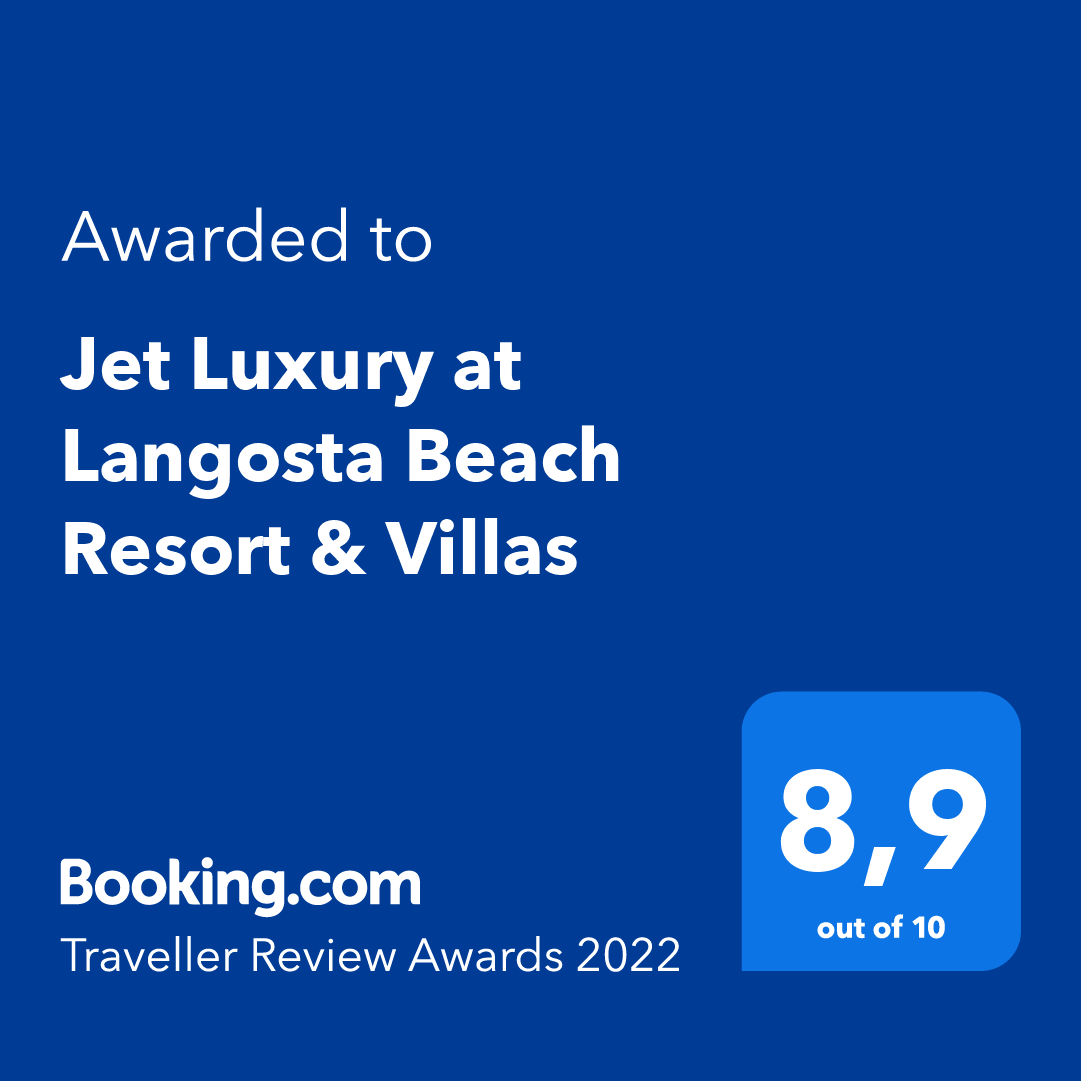 Booking.com award badge for Jet Luxury at Langosta Beach Resort & Villas, 8.9/10 on blue background