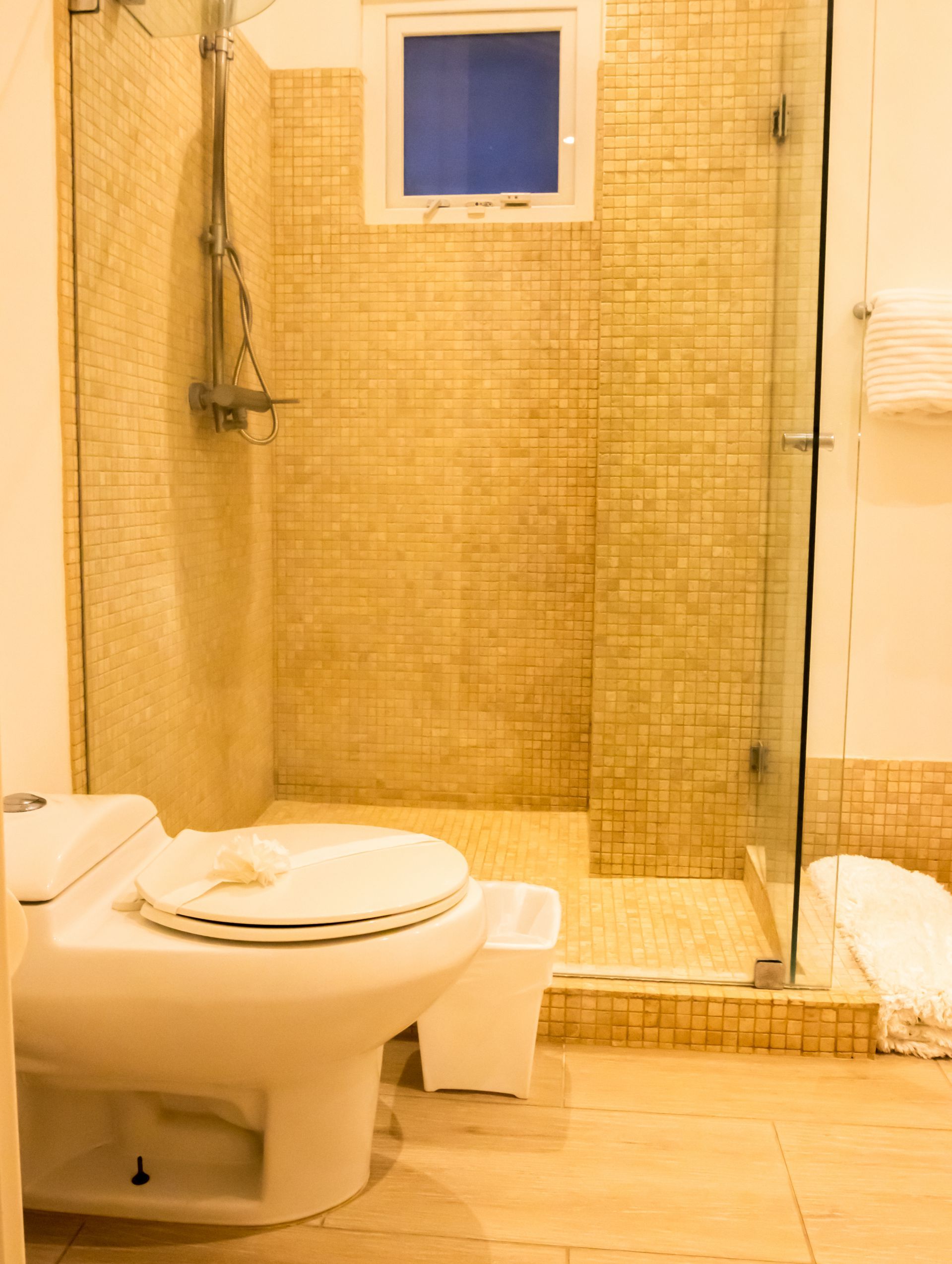 Small beige tiled bathroom with a toilet and walk-in shower area.