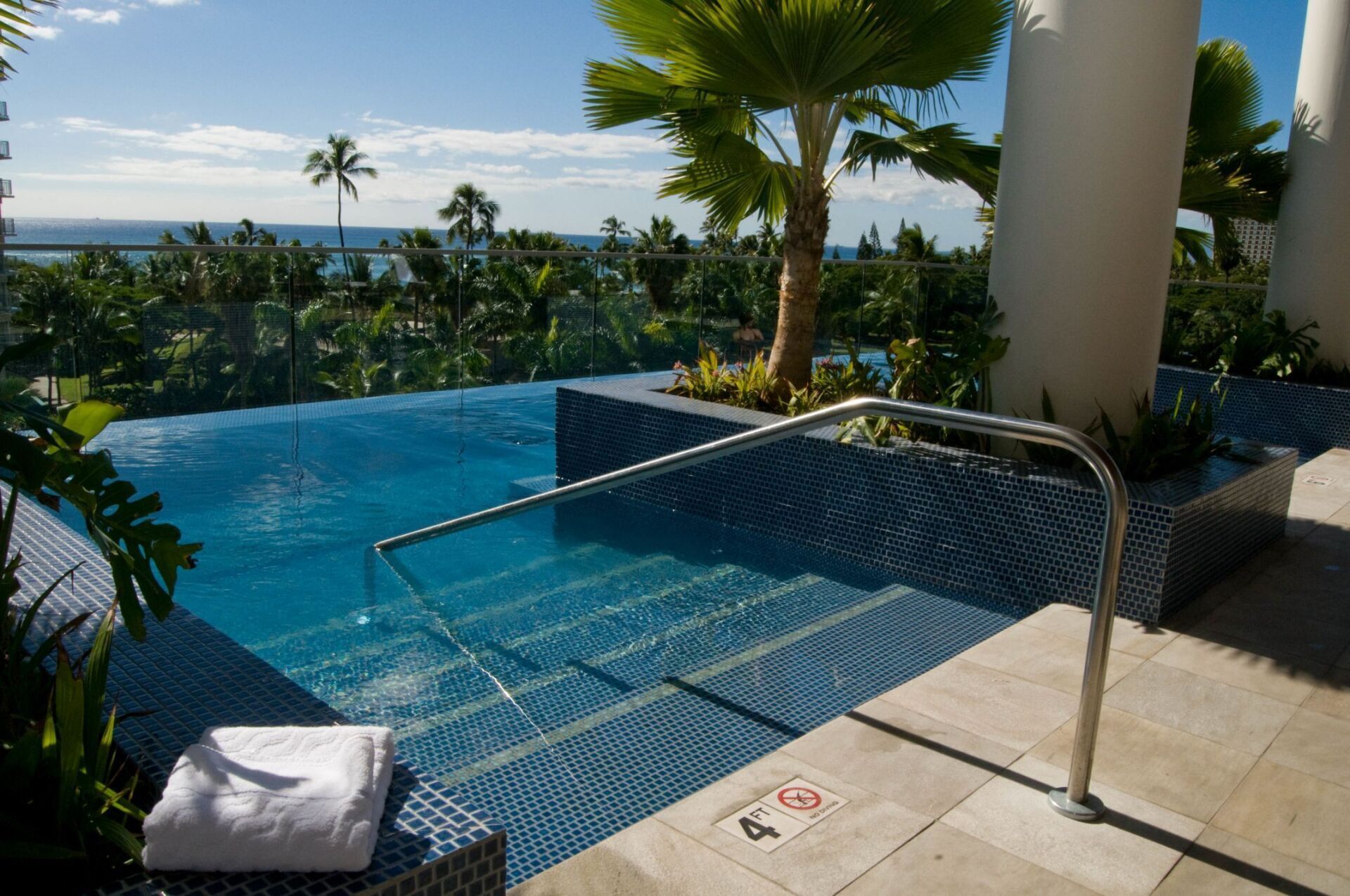 Infinity pool with ocean view, palm trees, and a metal handrail beside sun loungers
