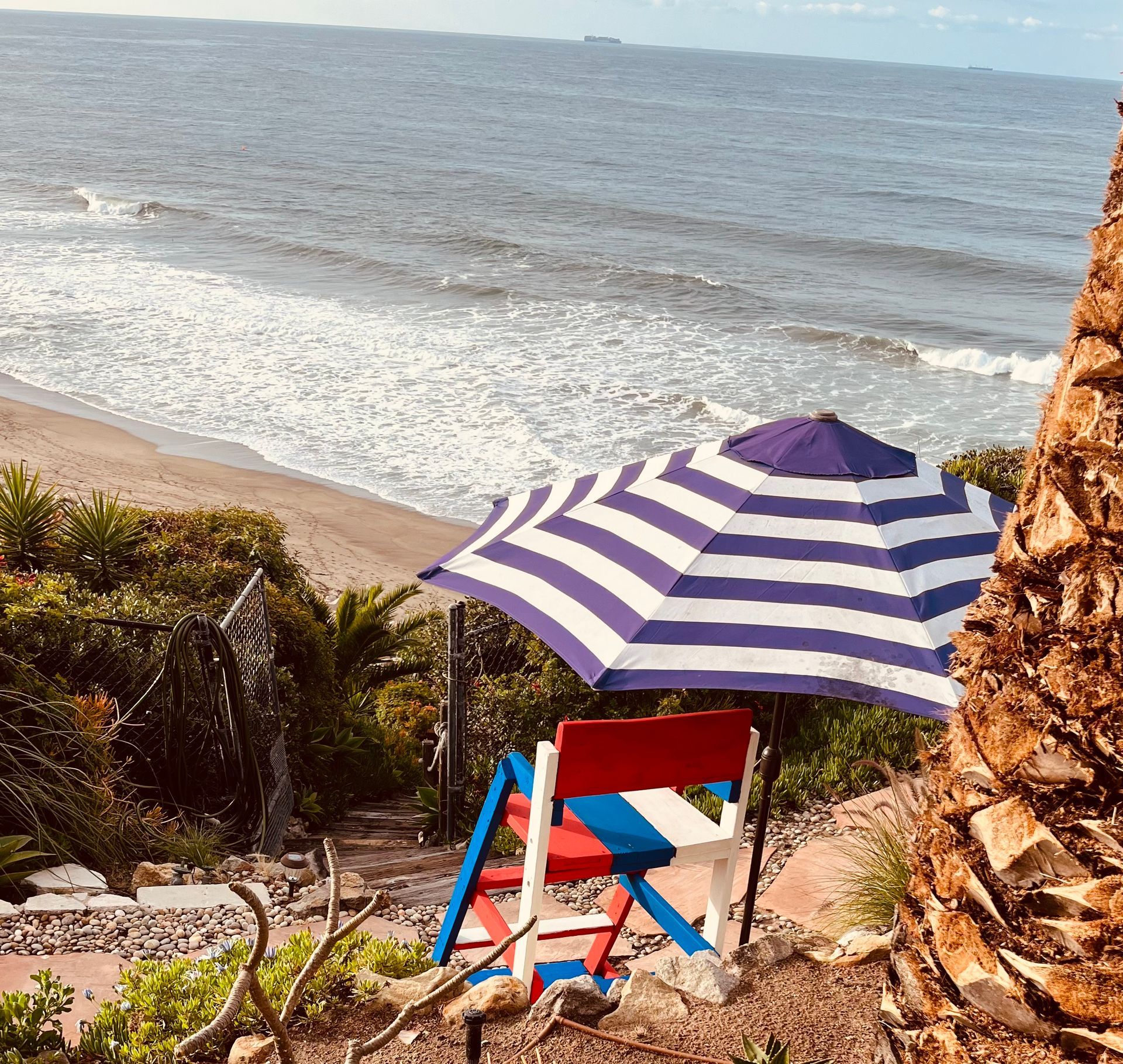 Striped beach umbrella and chair overlooking the ocean beside a palm tree