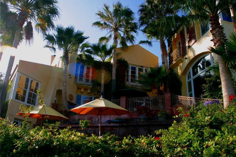 Palm-lined resort courtyard with a yellow villa, red umbrellas, and lush greenery under a clear sky