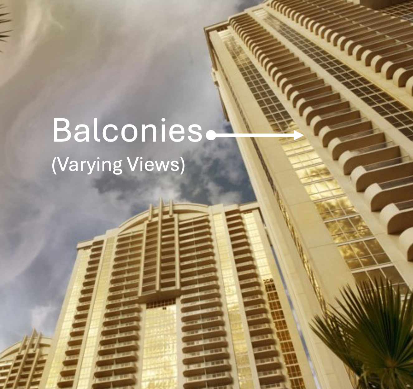 High-rise apartment towers with many balconies, viewed from below against a cloudy sky