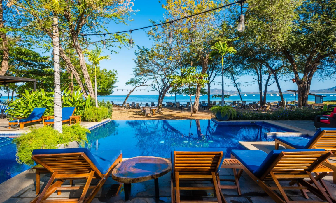 Resort pool with lounge chairs overlooking a beach and palm trees under a bright blue sky