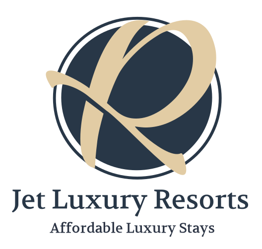 Jet Luxury Resorts logo with navy and gold abstract emblem and tagline “Affordable Luxury Stays”