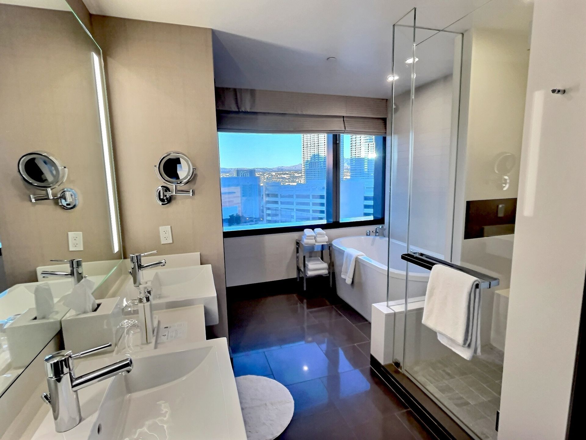 Modern bathroom with double sinks, glass shower, and large window overlooking city buildings.