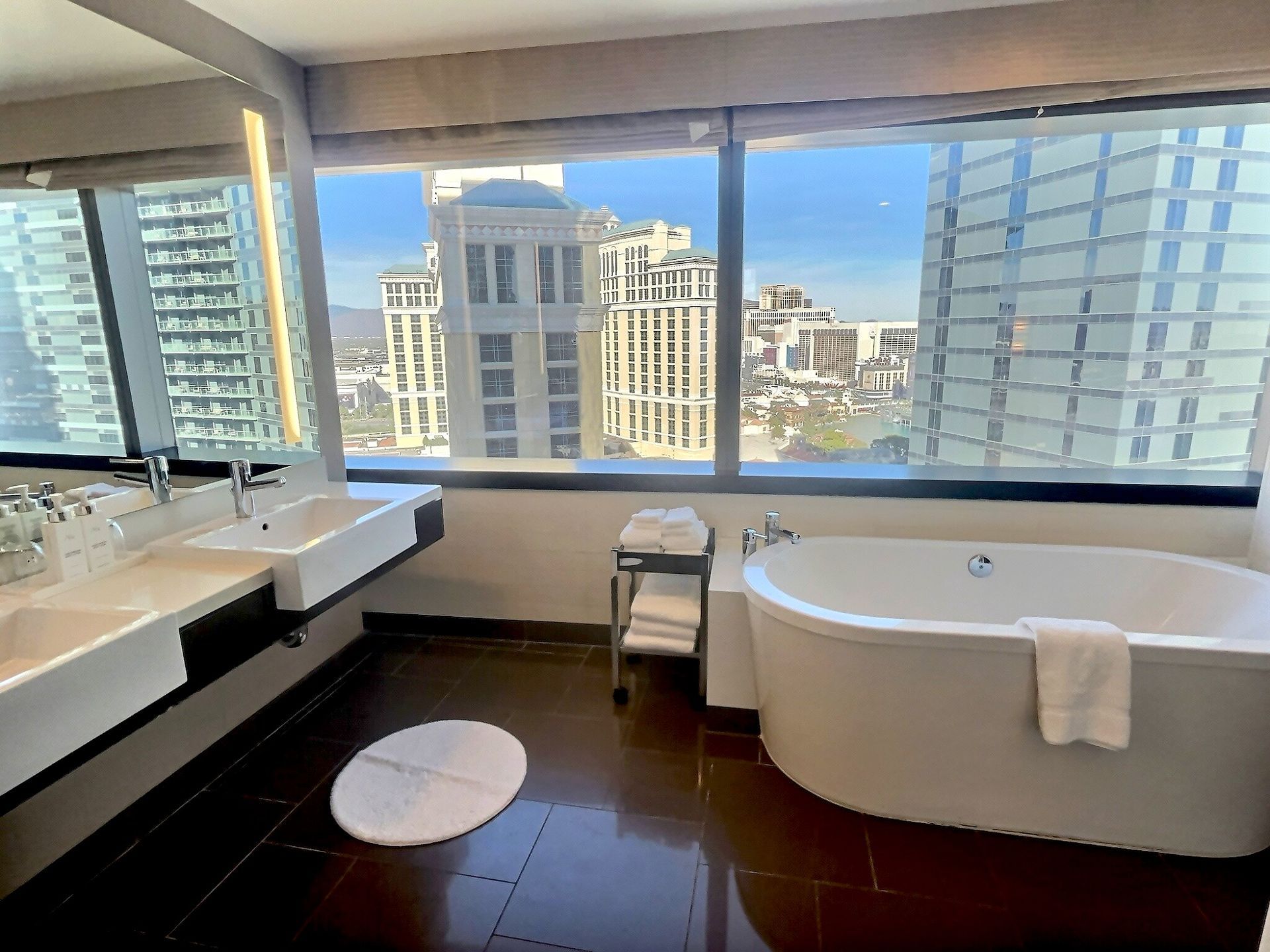 Modern bathroom with a bathtub, sink, and city skyline view through large windows