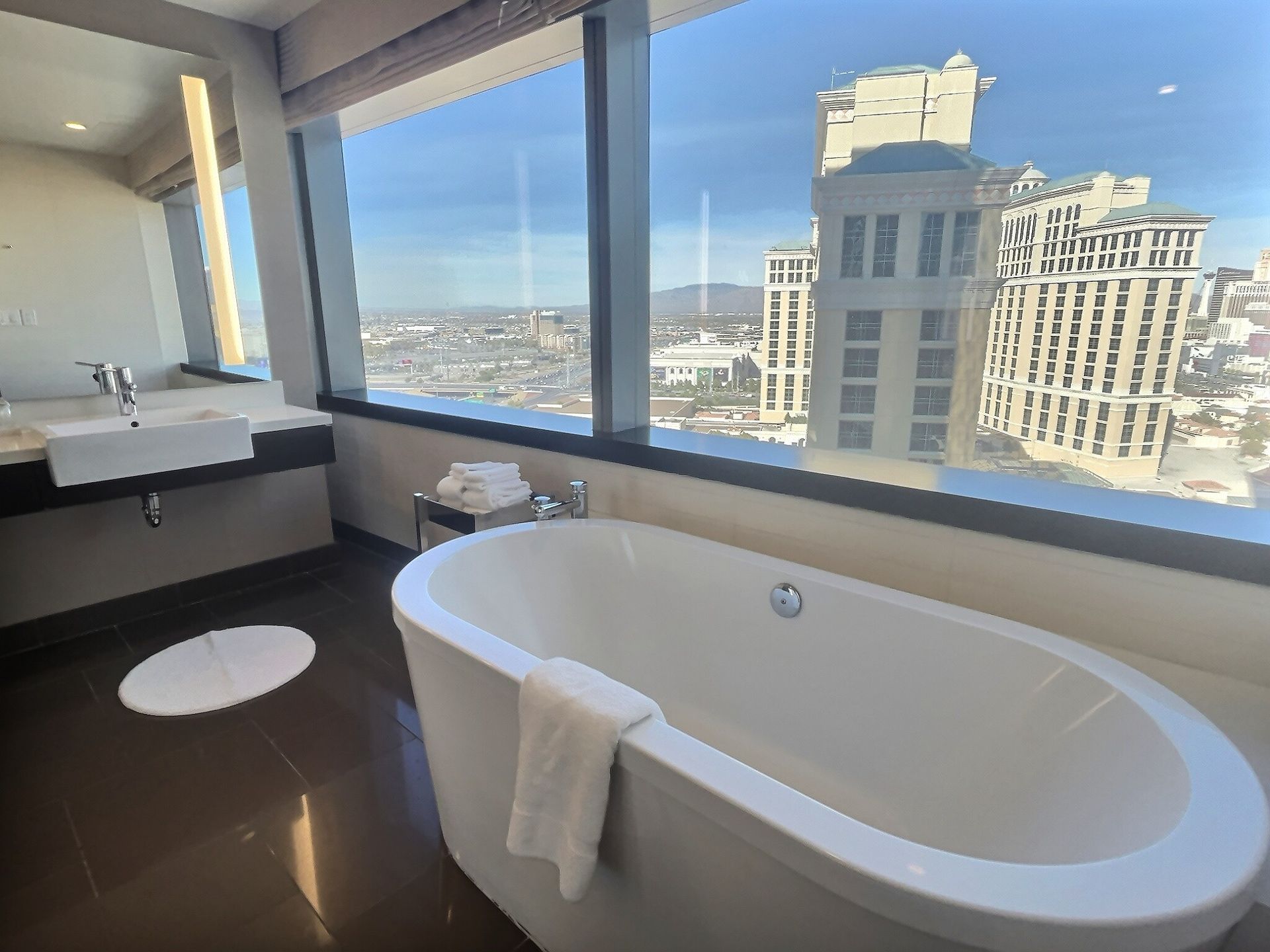 Modern bathroom with a freestanding tub, double sink vanity, and large windows overlooking a city skyline