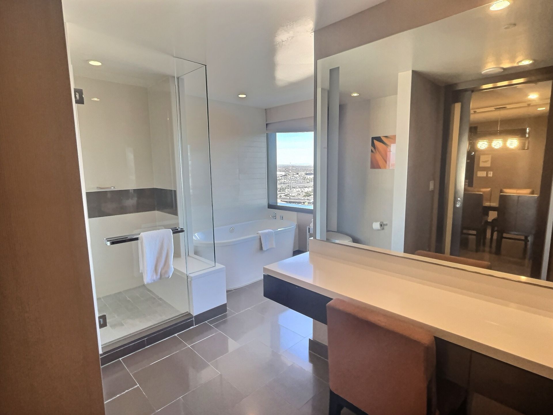 Modern bathroom with glass shower, double vanity, and city-view window.