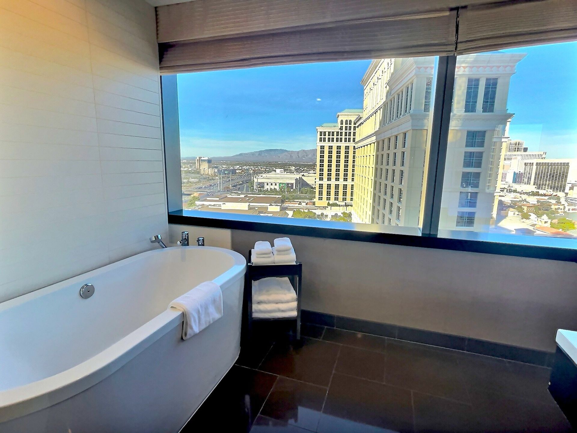 Modern bathroom with freestanding tub and floor-to-ceiling window overlooking a city view