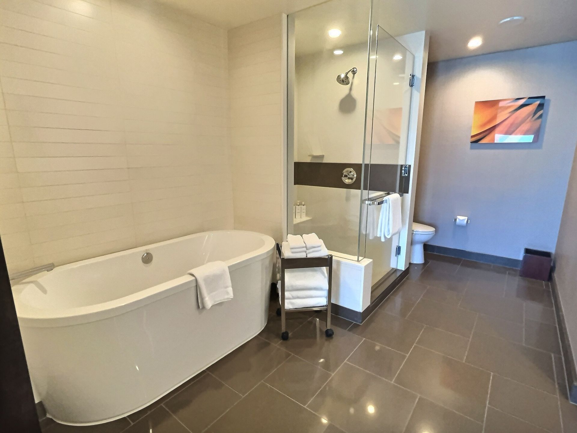 Modern bathroom with a freestanding tub, glass shower, dark tile floor, and wall art.