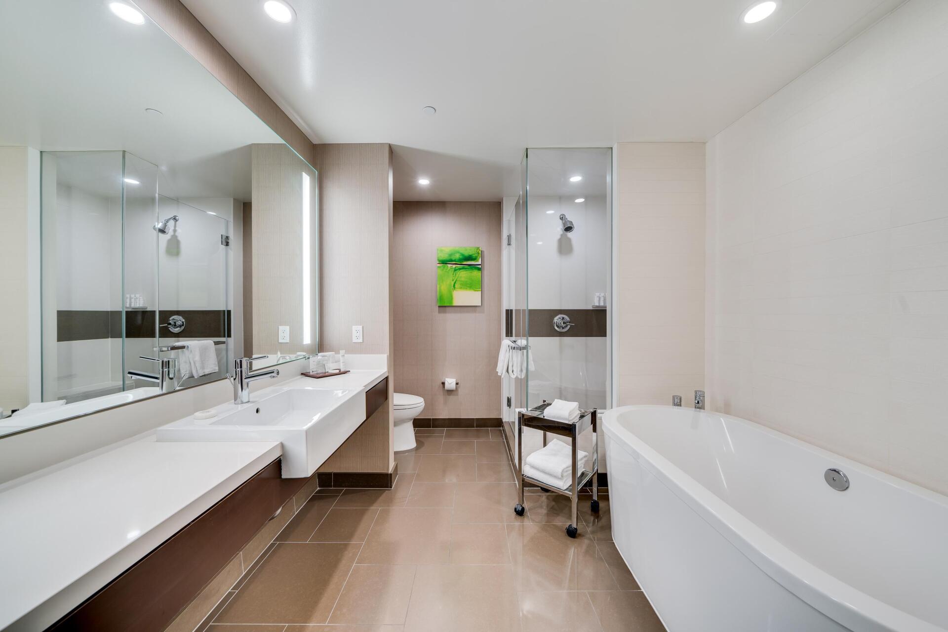 Modern bathroom with double sink, large mirror, and freestanding bathtub under recessed lights
