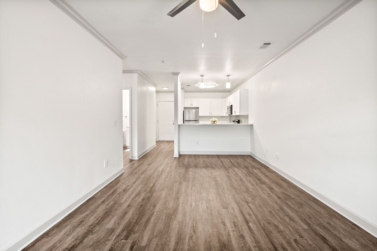 Open-concept living area in an apartment with white walls, wood-look flooring, and a kitchen counter.
