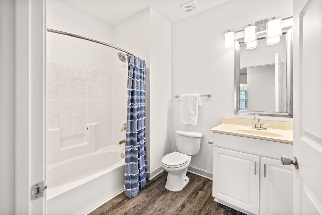Bathroom in an apartment with a tub/shower, toilet, and white vanity.