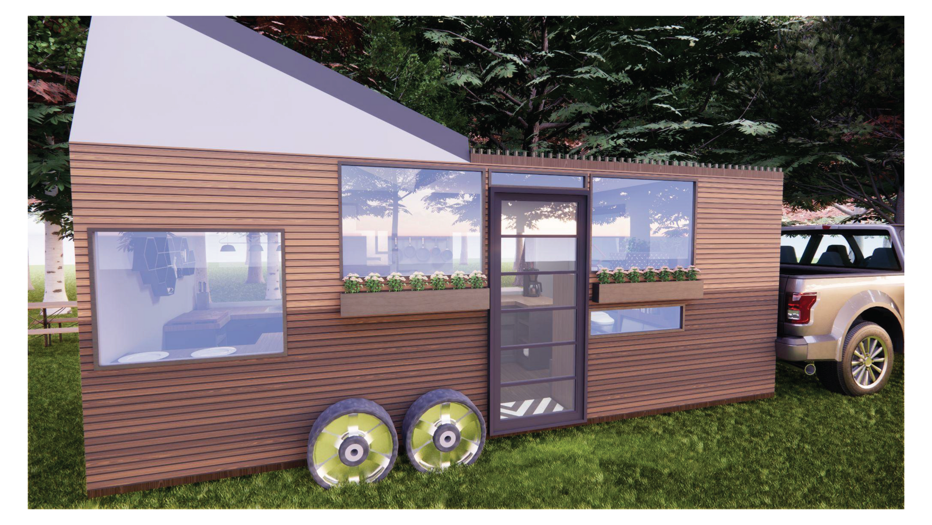 Render of the outside of the RV showing lots of natural light and planters