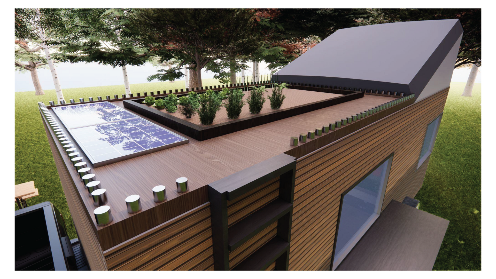 Render of the roof with planters and solar panels
