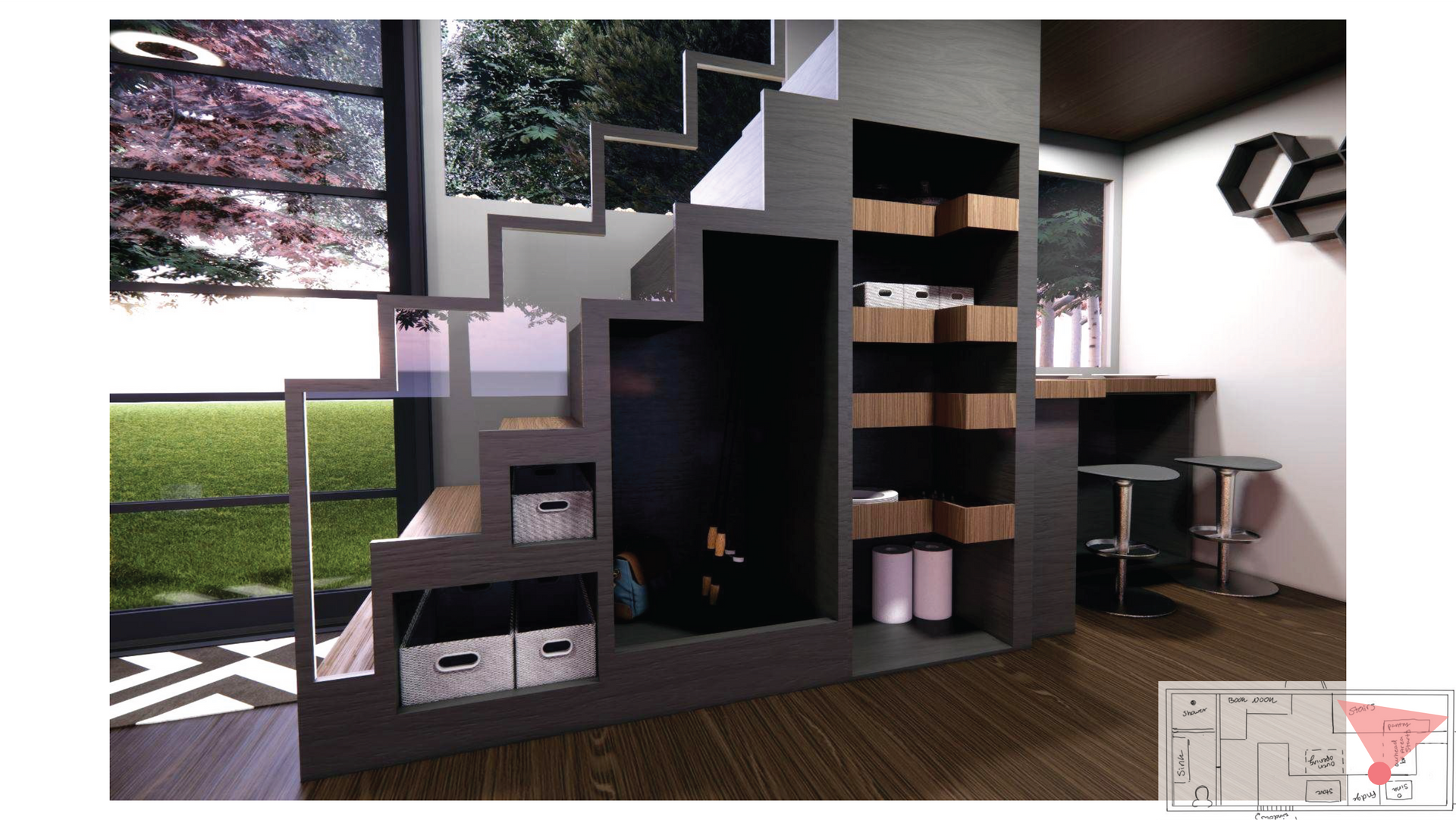 Render of the storage area under the stairs