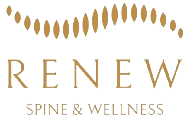 Renew Spine & Wellness logo in gold with stylized spine icon above text