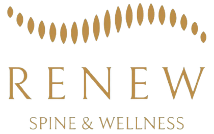 Renew Spine & Wellness logo in gold with stylized spine icon above text