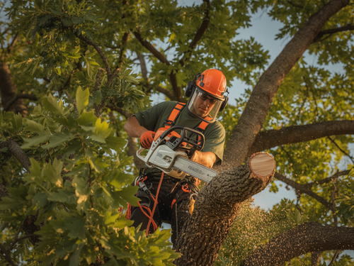 Tree worker in orange helmet cutting a large branch with a chainsaw amid leafy tree limbs