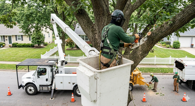 Tree service worker in a bucket lift trimming large tree branches on a suburban street