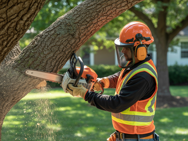 Worker in orange safety gear using a chainsaw to cut a tree branch in a grassy yard.