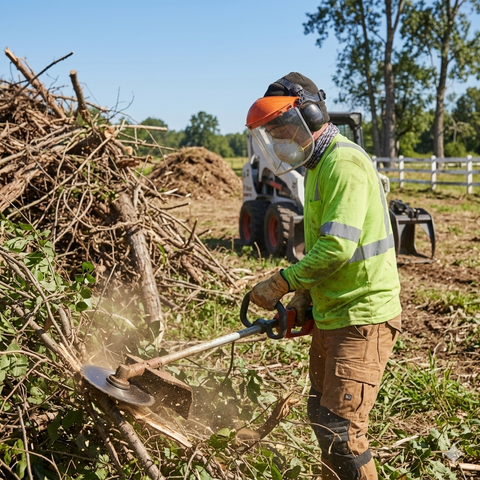 Worker in neon safety gear using a chainsaw to cut branches near a woodpile outdoors