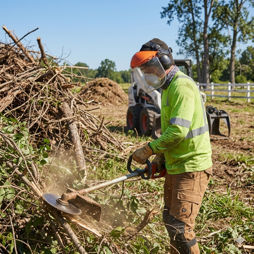 Worker in neon safety gear using a chainsaw to cut branches near a woodpile outdoors