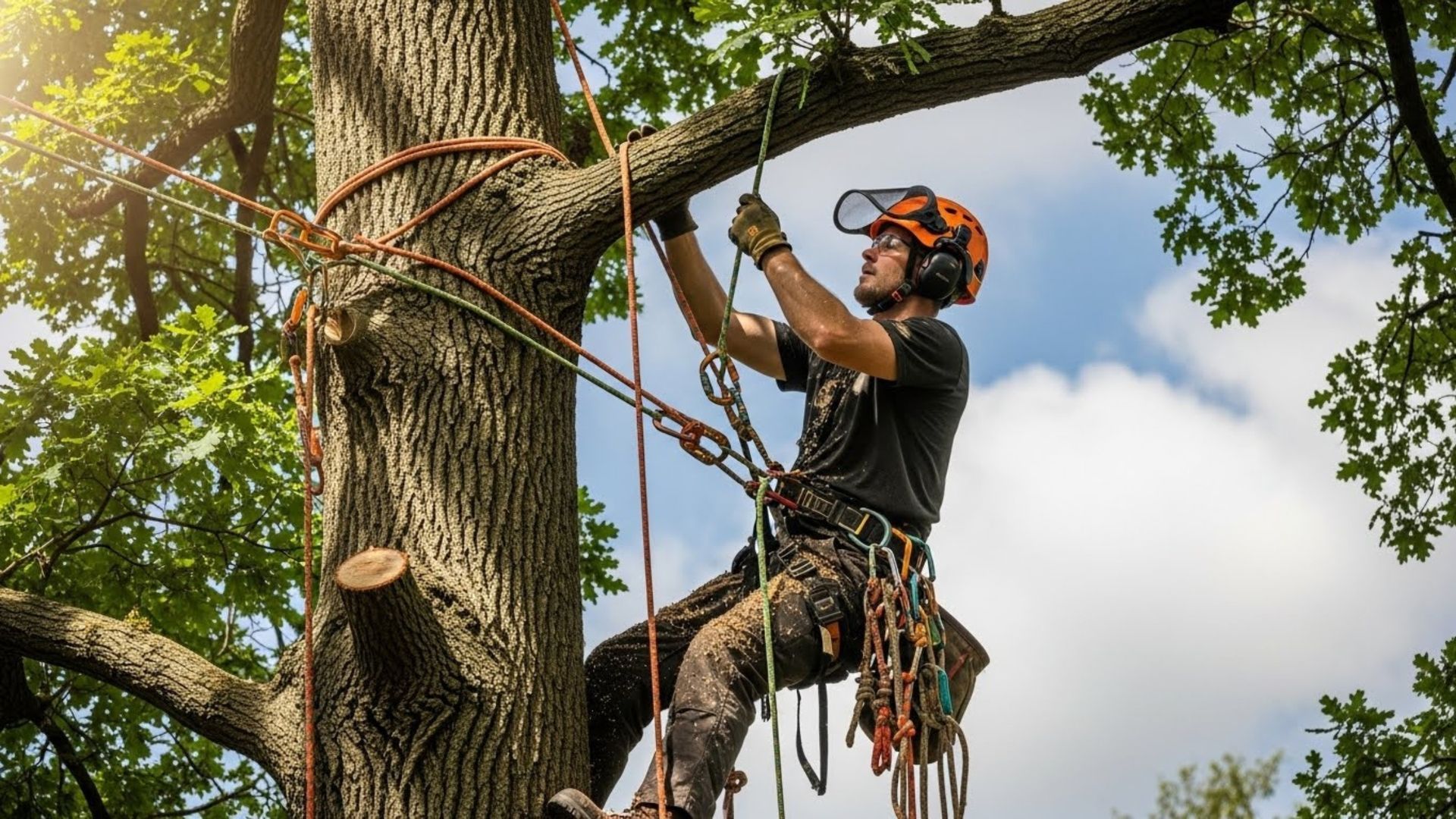 An arborist in a safety helmet and harness works securely while suspended in a large tree, managing climbing ropes.