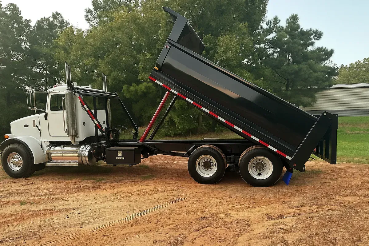 Dump truck with raised black bed on a dirt lot, loaded with soil or gravel, trees in the background
