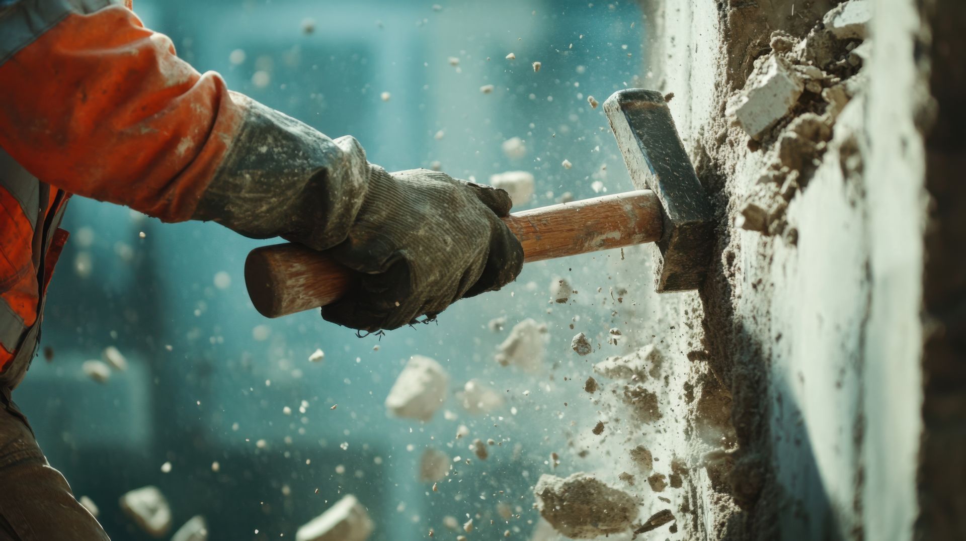 Person in orange jacket uses a sledgehammer to break a wall, sending debris flying.
