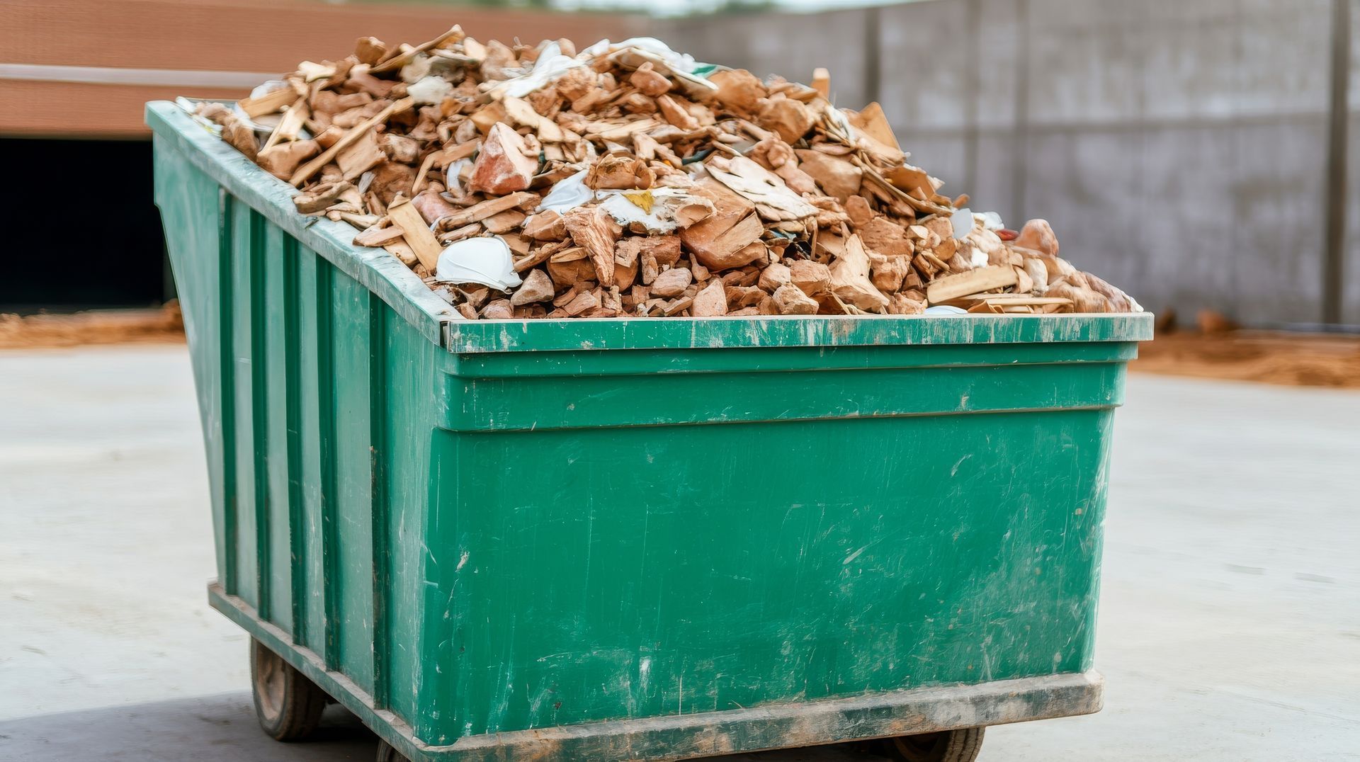 Green dumpster overflowing with broken wood and construction debris on concrete.