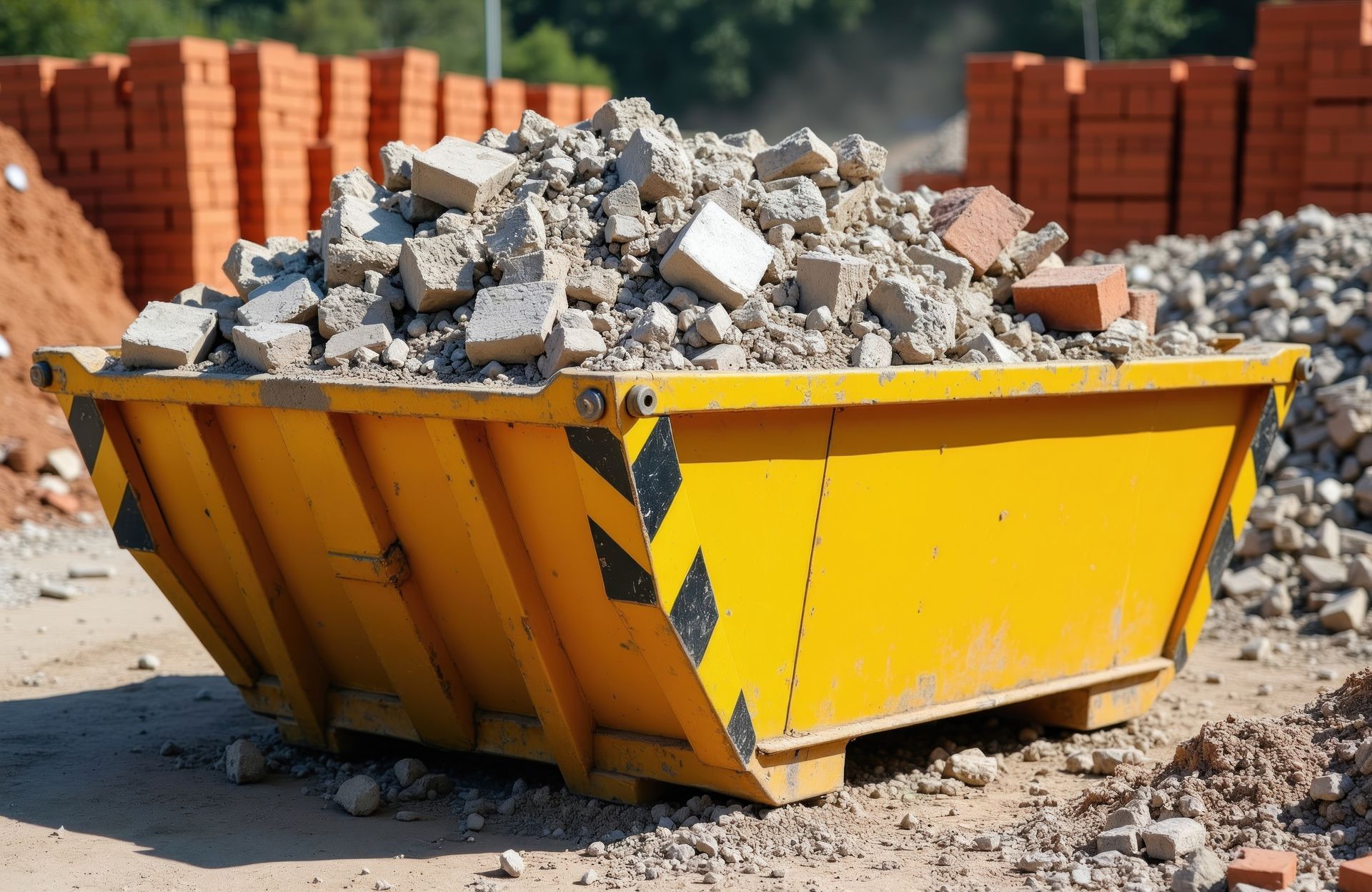 Yellow construction dumpster filled with rubble on a dirt lot, with stacked bricks in the background